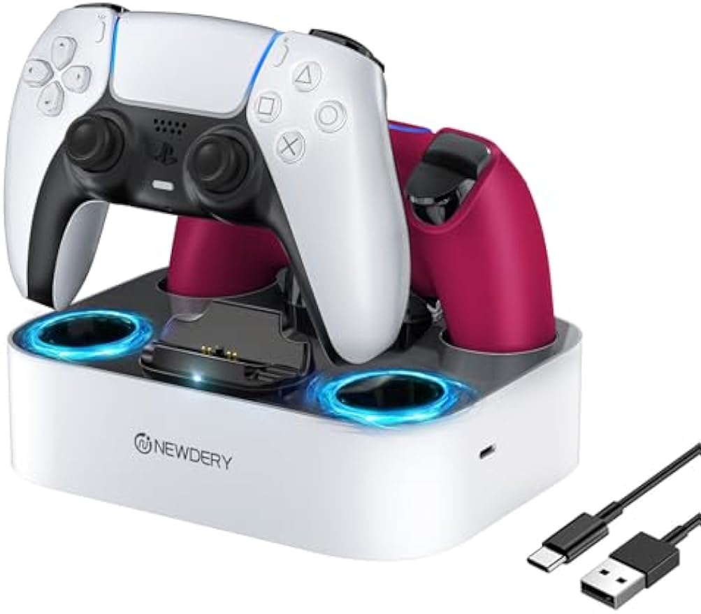 NEWDERY PS5 Controller Charger Station Compatible with Dualsense Edge Controller, Fast Charging Dock Stand with Cable, Dual Controller Charging Station for Playstation 5 & DualSense Edge Controller