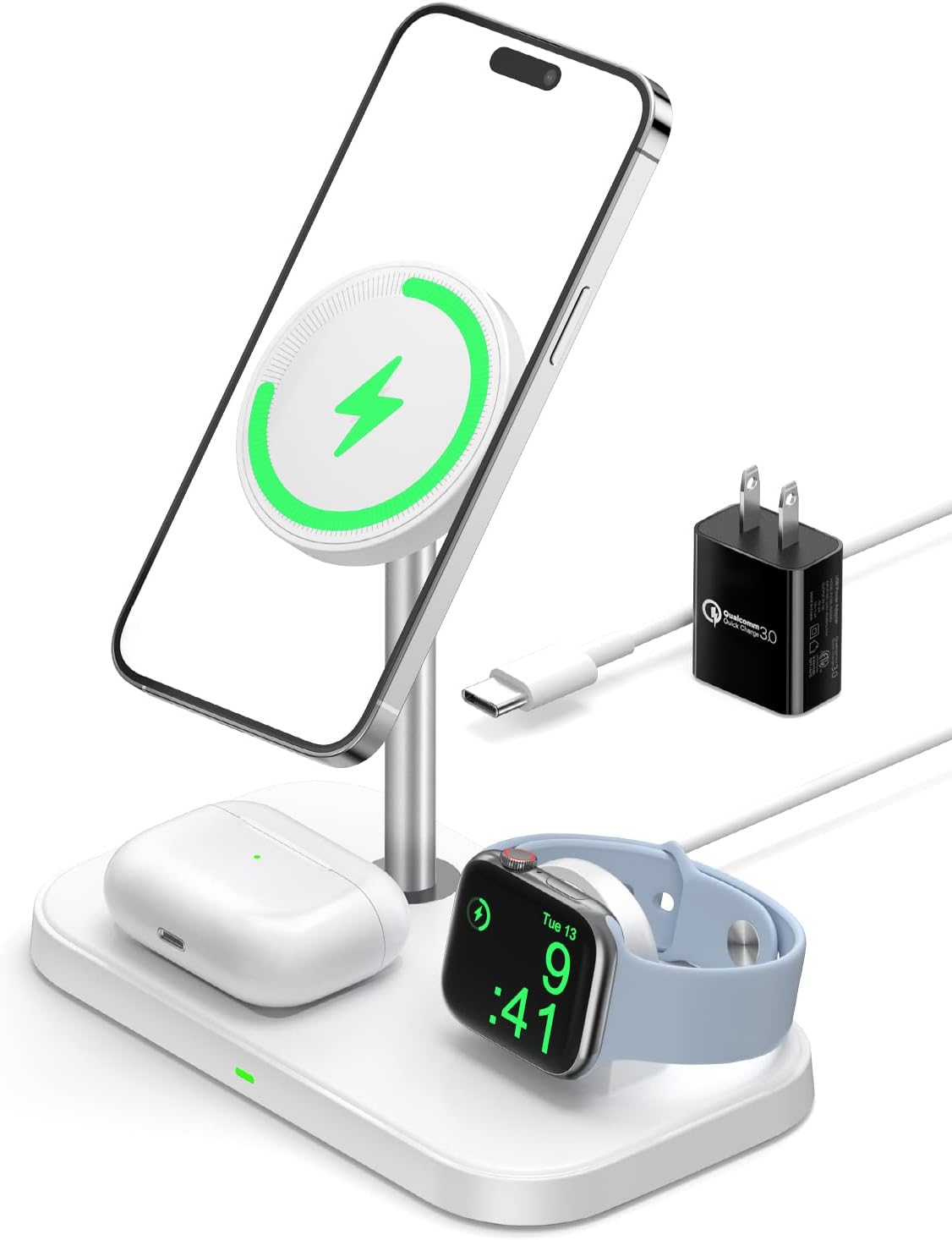 NEWDERY Wireless Charger 3 in 1 Mag-Safe Charger Stand, 15W Fast Charging Station with QC3.0 Adapter for iPhone 14/13/12 Pro Max/Mini/Plus, for Apple Watch Ultra/8/7/6/5/4/3/2/1, for AirPods Pro 2/1
