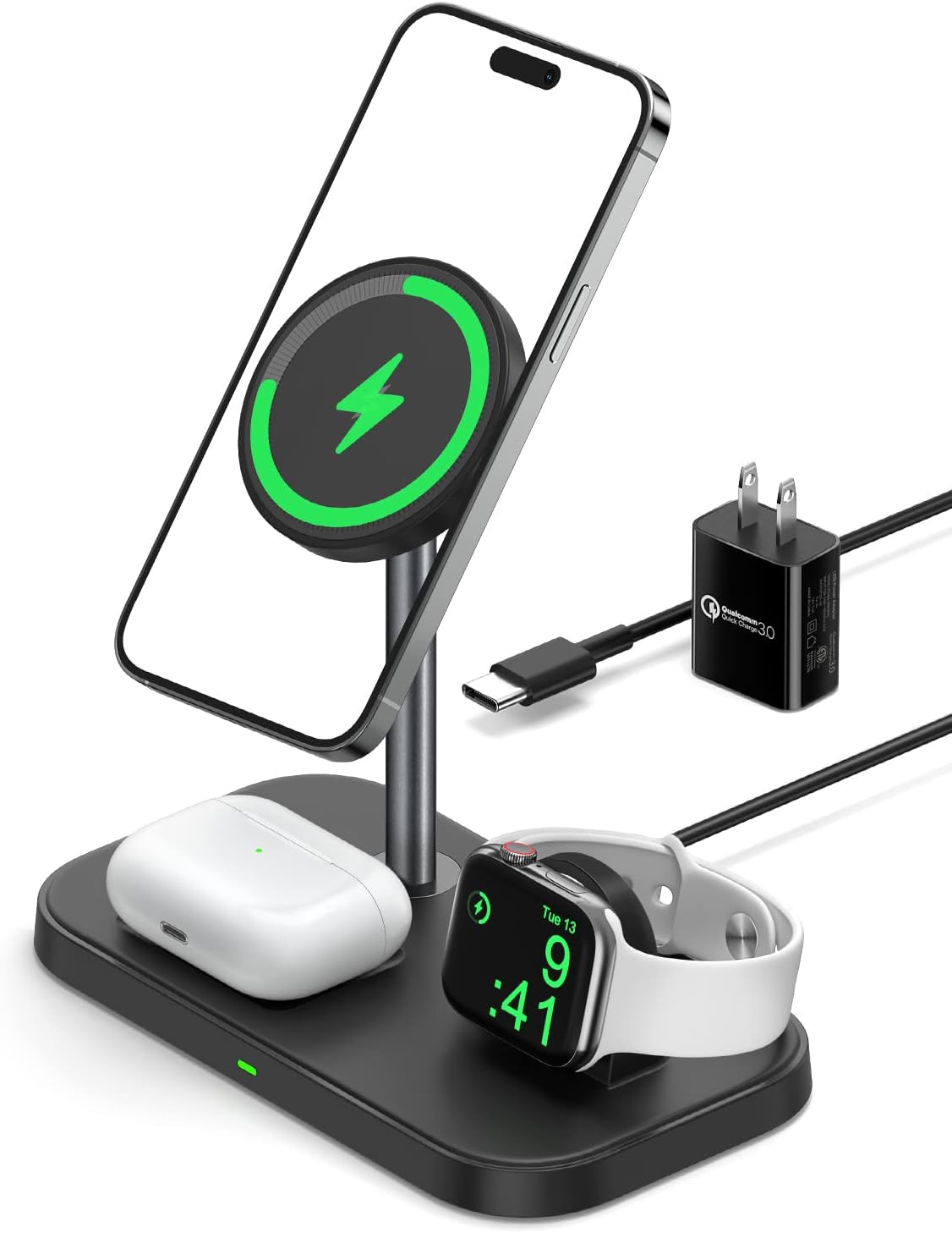 NEWDERY Wireless Charger 3 in 1 Mag-Safe Charger Stand, 15W Fast Charging Station with QC3.0 Adapter for iPhone 14/13/12 Pro Max/Mini/Plus, for Apple Watch Ultra/8/7/6/5/4/3/2/1, for AirPods Pro 2/1