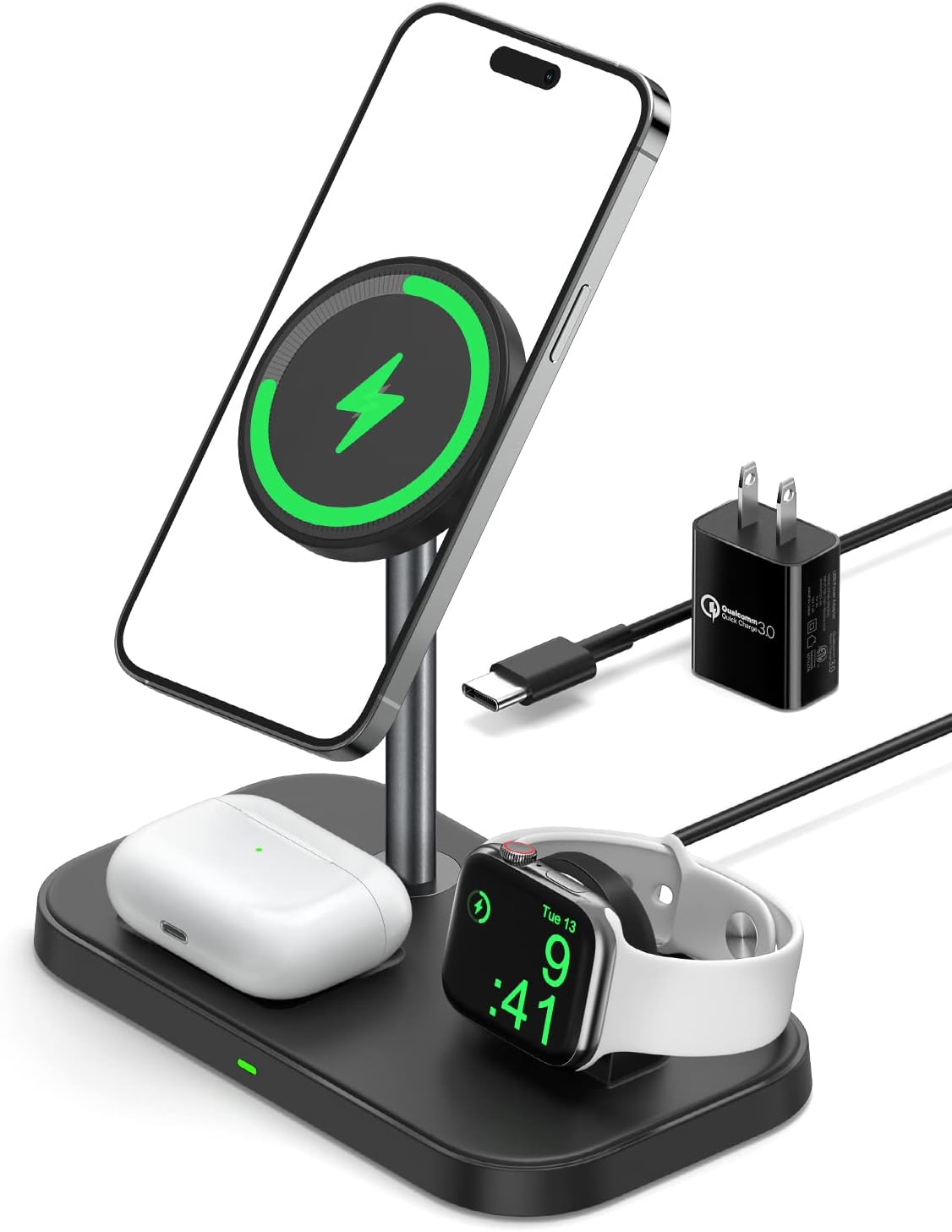 NEWDERY Wireless Charger 3 in 1 Magnetic Charger Stand, 15W Fast Charging Station with QC3.0 Adapter for iPhone 14/13/12 Pro Max/Mini/Plus, for Apple Watch Ultra/8/7/6/5/4/3/2/1 AirPods Pro 2/1