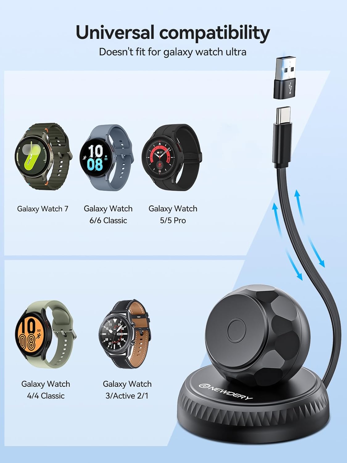Retractable Wireless Charger Stand for Galaxy Watch 7, Samsung Watch 6 Classic 5 Pro 4 3 Active 2 1