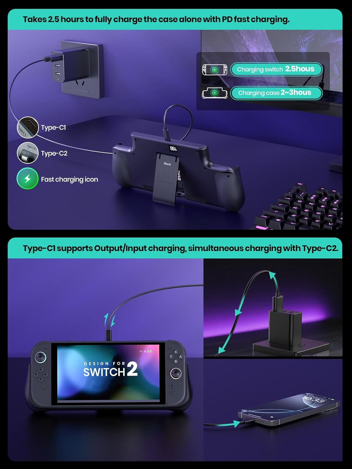 NEWDERY 10000mAh Battery Case for Nintendo Switch 2 – Fast Charging, LED Display, 2 Game Card Slots & Kickstand