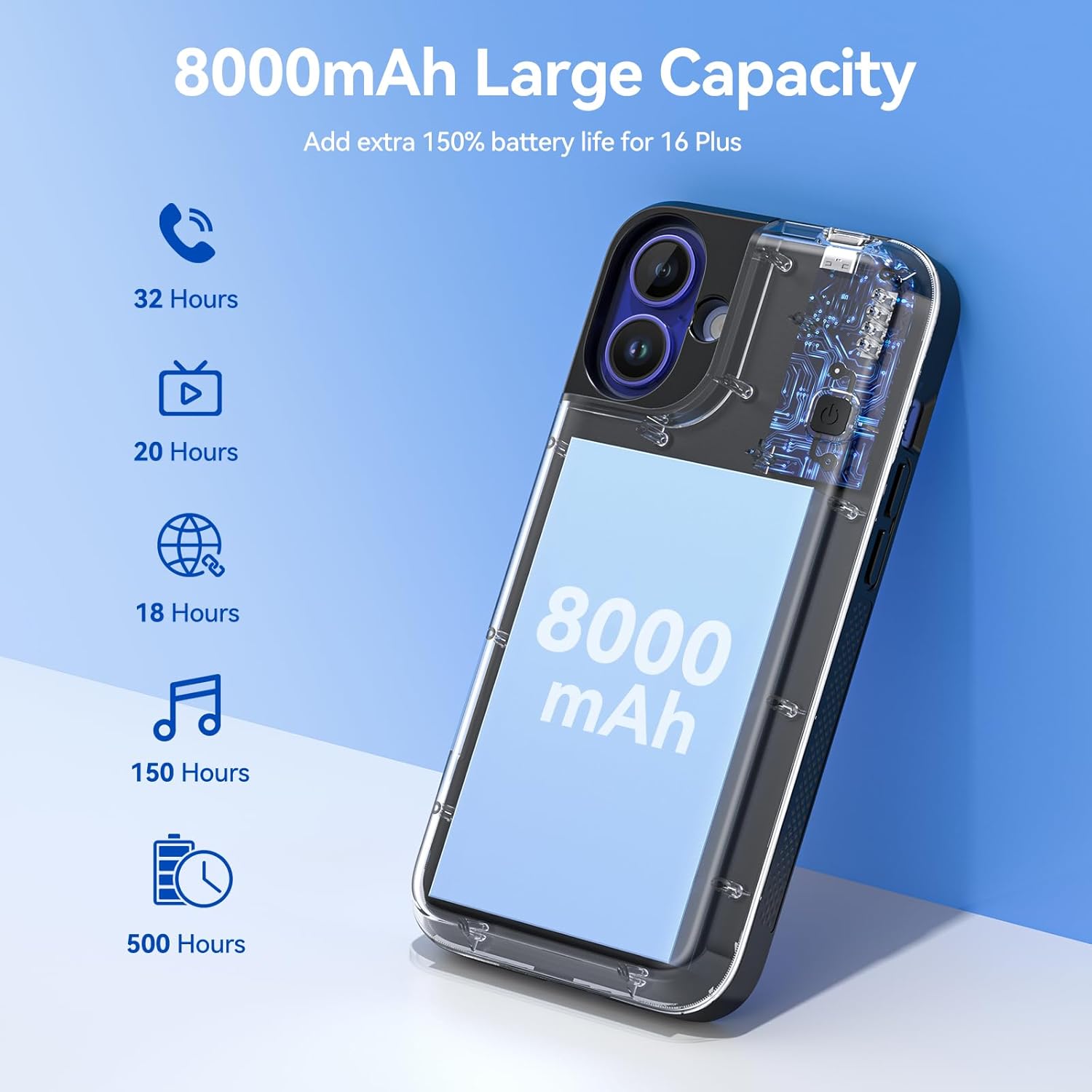 Battery Case for iPhone 16 Plus, 8000mAh Charger Case for iPhone 16 Plus 6.7"