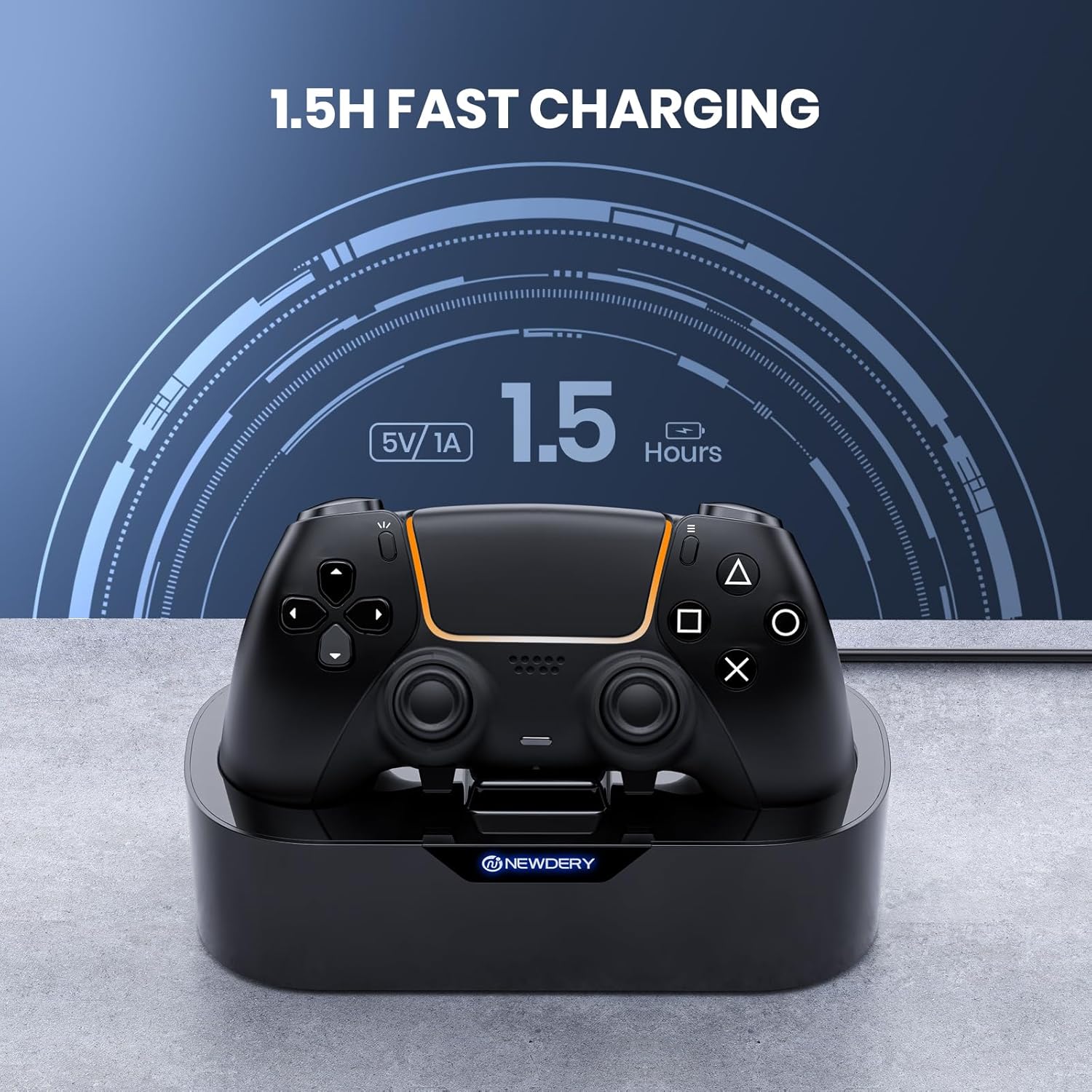 NEWDERY PS5 Controller Charger Station, Fast Charging Dock for PlayStation 5 Controllers, Single Controller Charging Stand Replacement for PS5 Controller & DualSense Edge Controller - Black