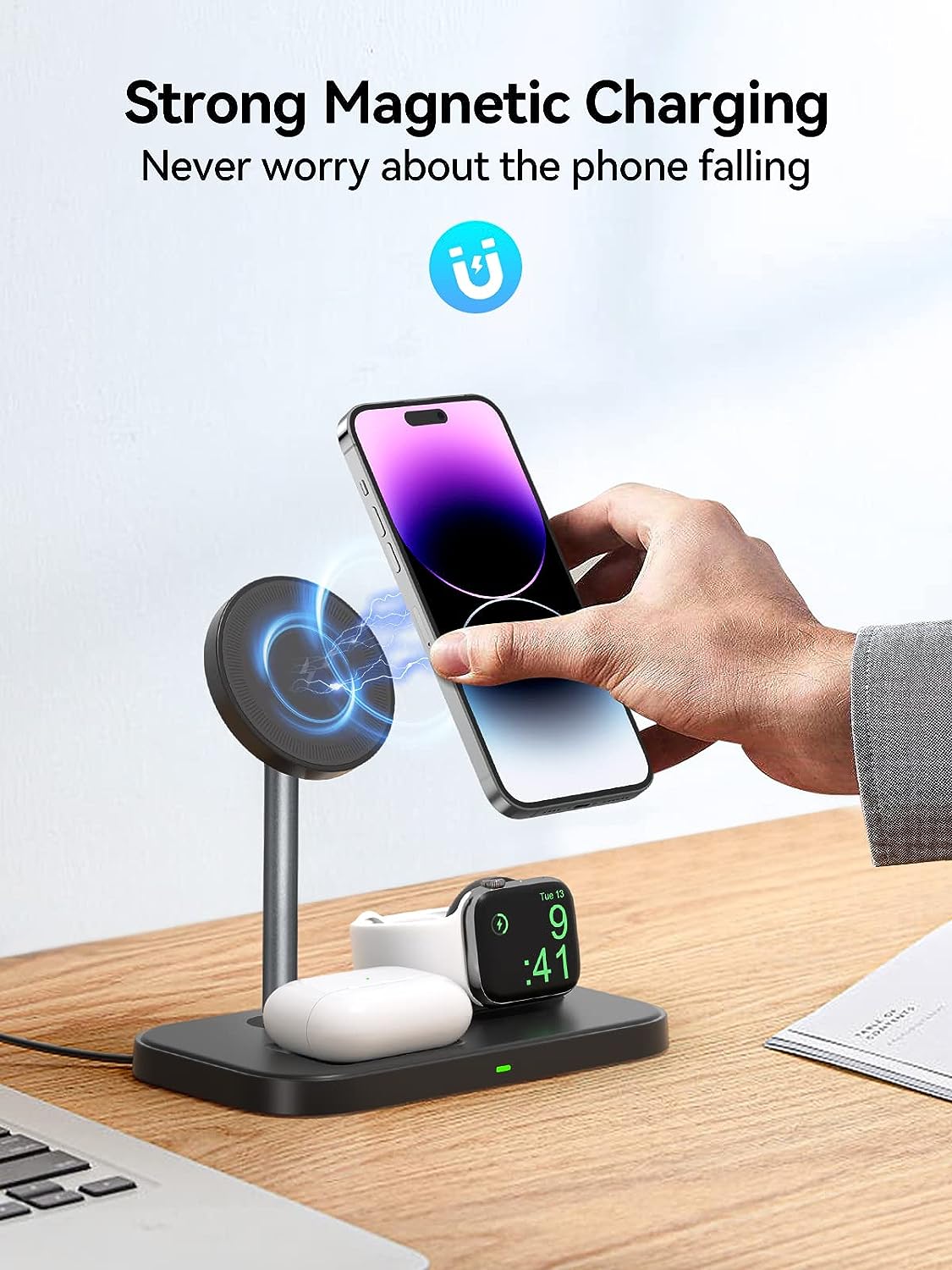 NEWDERY Wireless Charger 3 in 1 Mag-Safe Charger Stand, 15W Fast Charging Station with QC3.0 Adapter for iPhone 14/13/12 Pro Max/Mini/Plus, for Apple Watch Ultra/8/7/6/5/4/3/2/1, for AirPods Pro 2/1