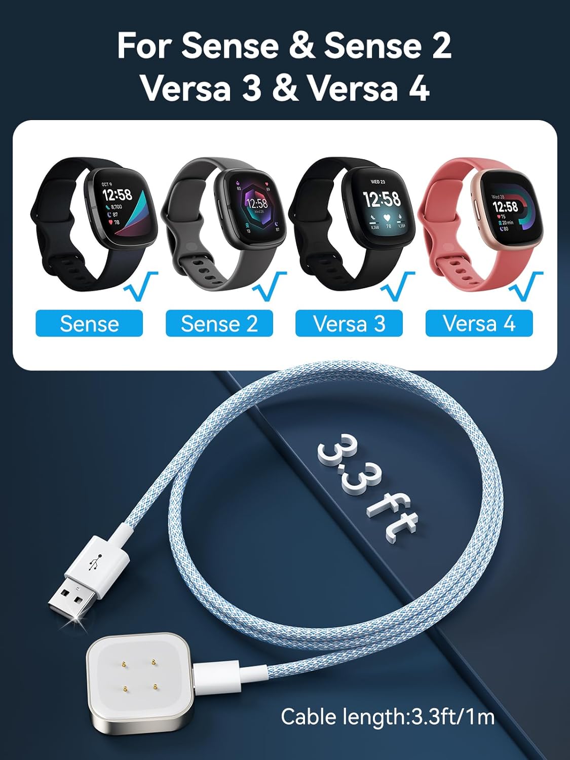 Charger Cable Compatible with Fitbit Sense/Versa 3/Sense 2/Versa 4 (3.3Ft)