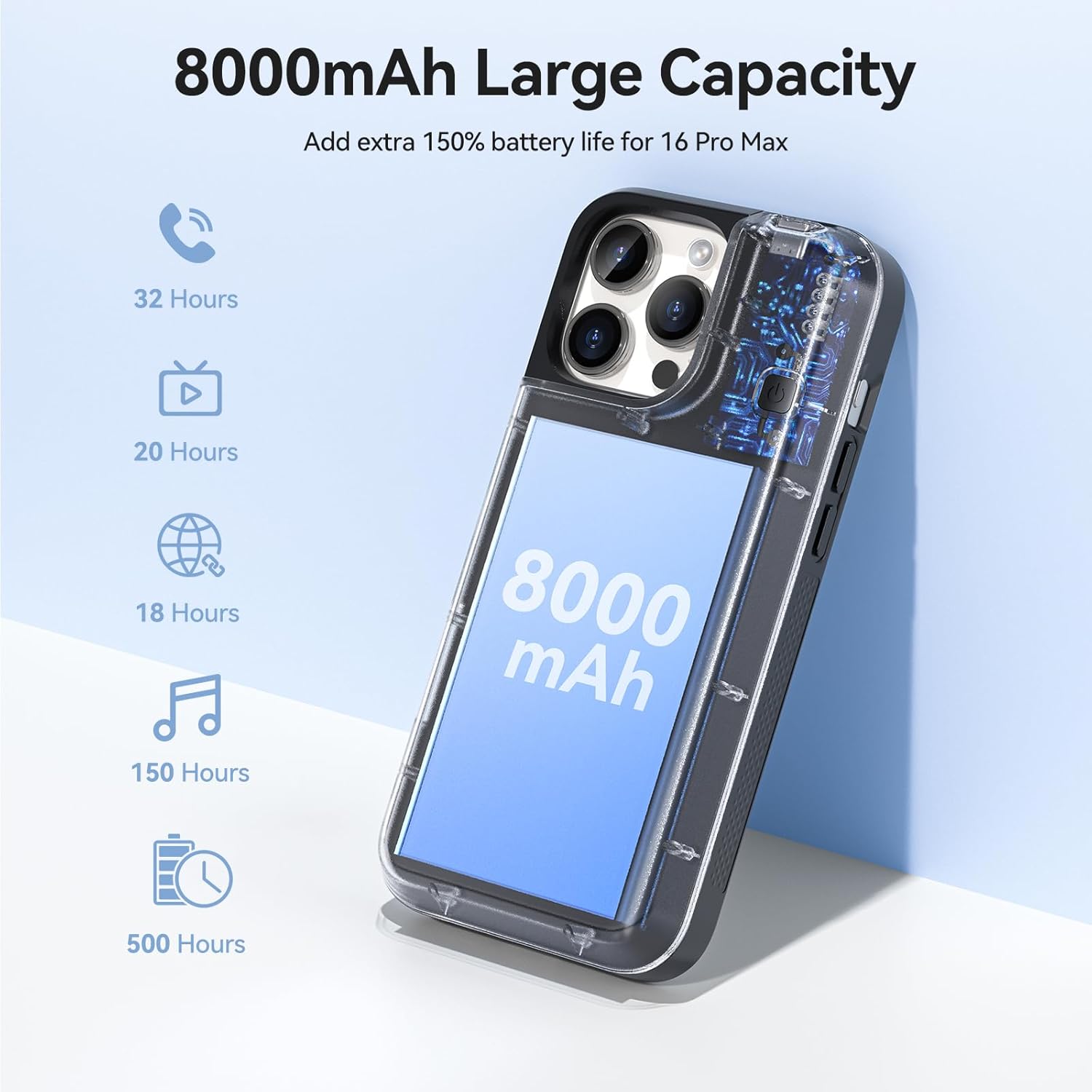 Battery Case for iPhone 16 Pro Max, 8000mAh Charger Case for iPhone 16 Pro Max 6.9"