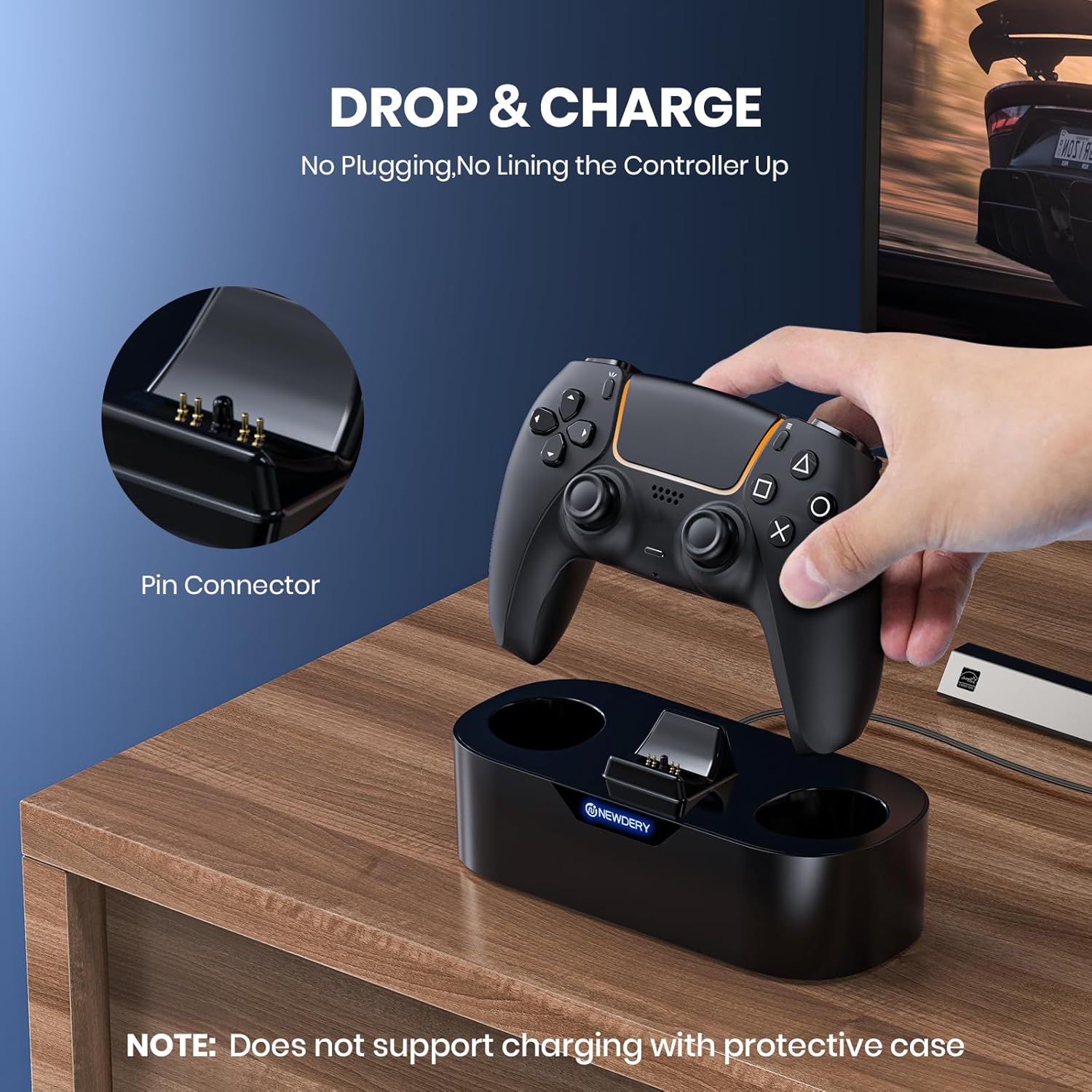 NEWDERY PS5 Controller Charger Station, Fast Charging Dock for PlayStation 5 Controllers, Single Controller Charging Stand Replacement for PS5 Controller & DualSense Edge Controller - Black