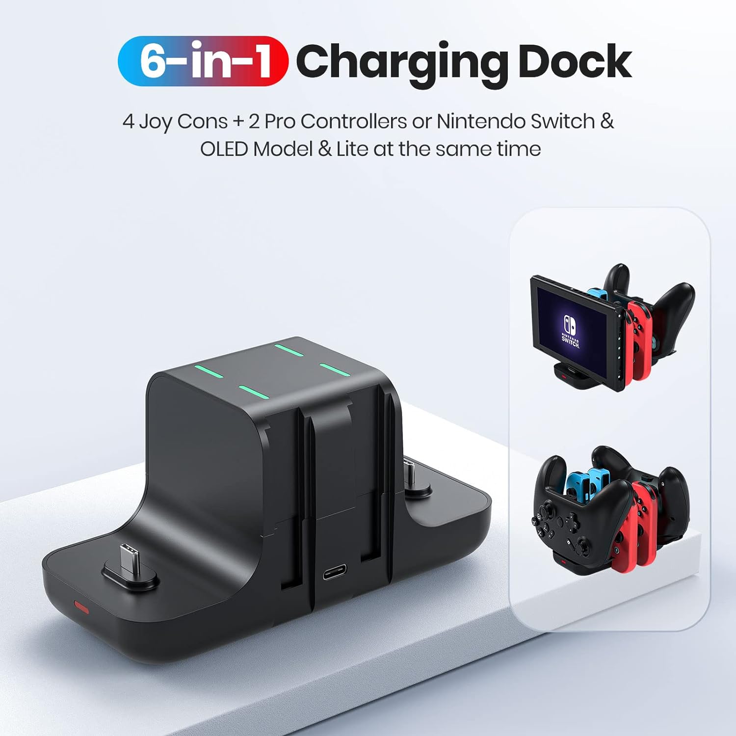 NEWDERY Switch Controller Charger Dock for Joy Cons and for Pro Controllers, 6-in-1 Fast Charging Dock for Nintendo Switch & OLED Model with Charger Indicator and Type C Charging Cable