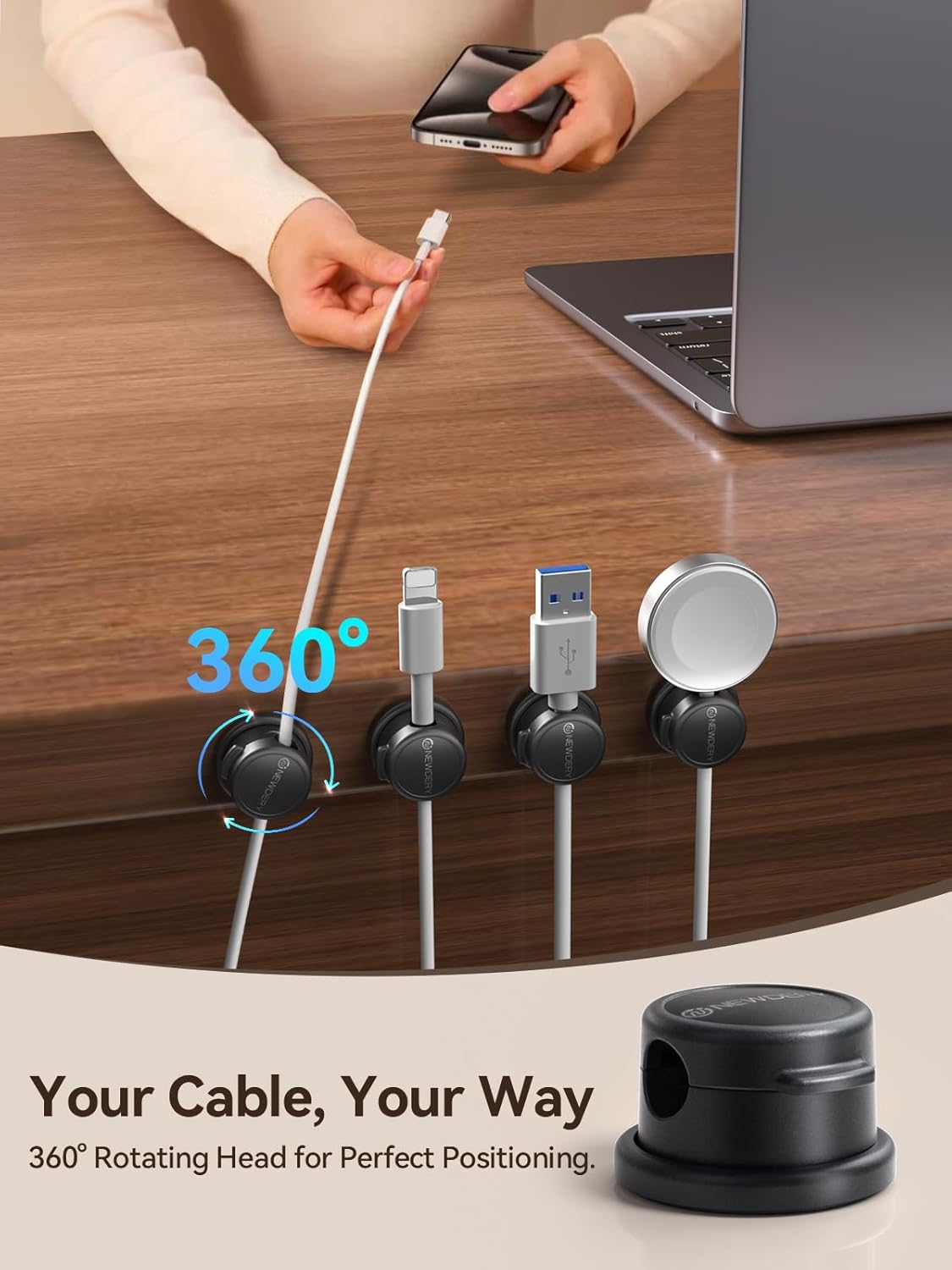 NEWDERY Magnetic Cable Clips 10 Pack, 360° Rotatable Cord Organizer, Desk & Car Wire Management
