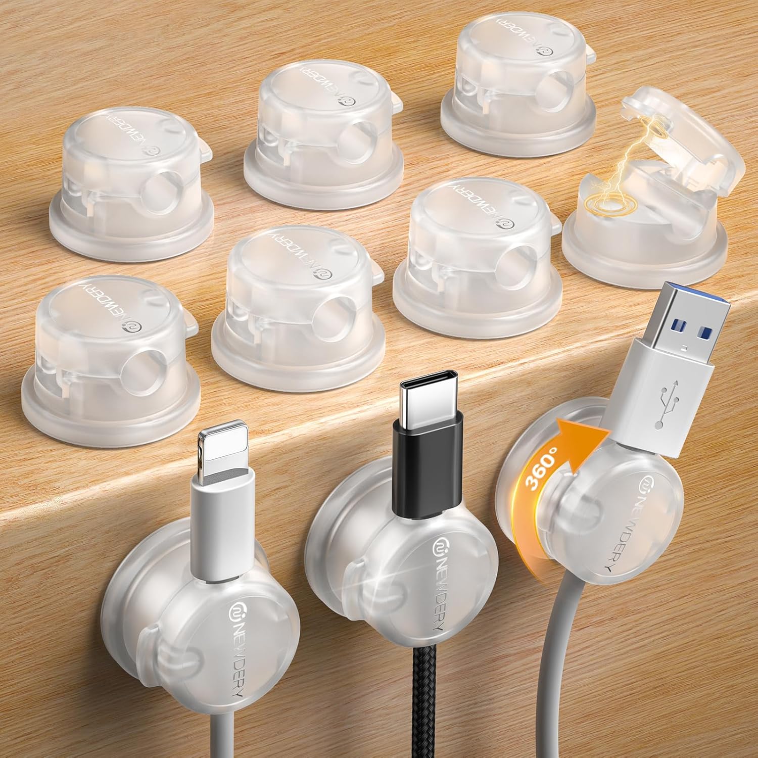 NEWDERY Magnetic Cable Clips 10 Pack Clear, 360° Rotatable Cord Organizer, Home Office & Gaming