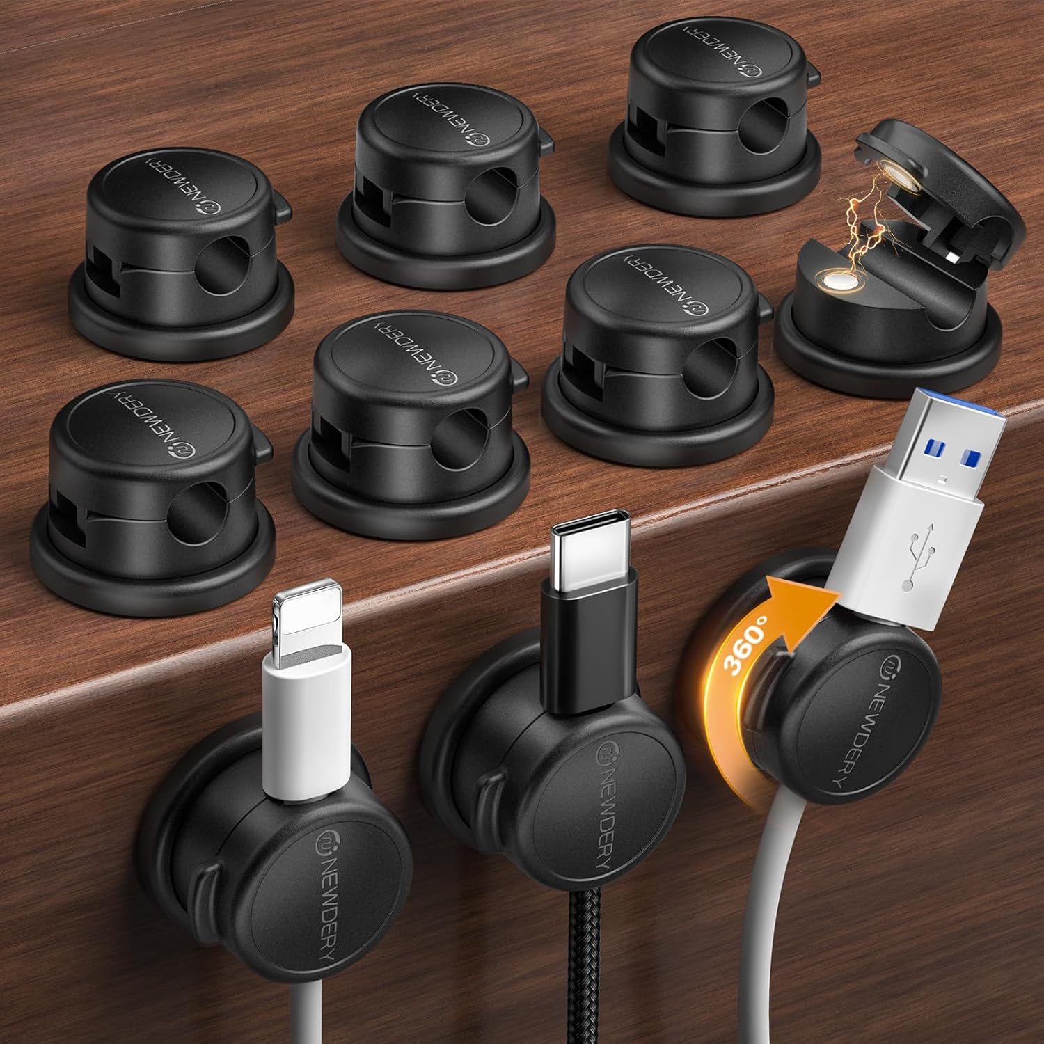 NEWDERY Magnetic Cable Clips 10 Pack, 360° Rotatable Cord Organizer, Desk & Car Wire Management