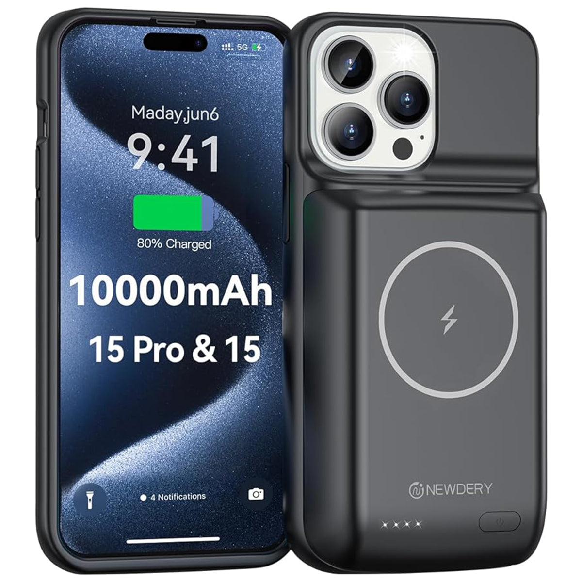 thumbnail image 2 of NEWDERY 10000mAh Wireless Battery Charger Case For IPhone 15 / 15 Pro Max / 15 Plus – Black 2 of 6