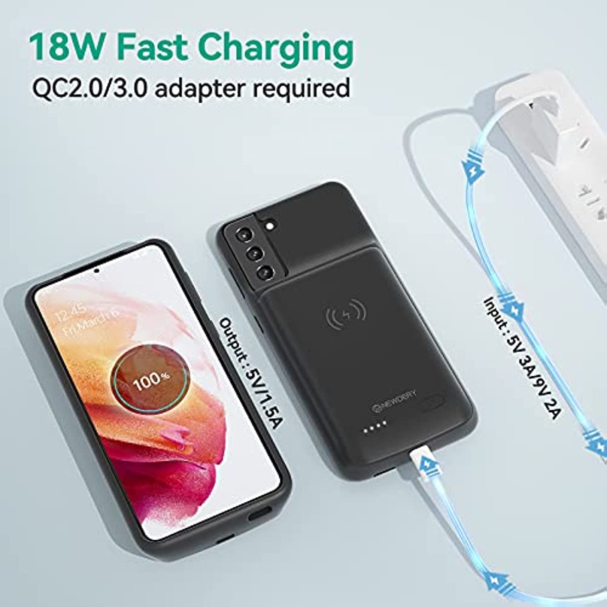 NEWDERY Galaxy S21 FE 5G Battery Case 8000mAh, Qi Wireless Charging & Data-Sync & Android Auto Supported, Portable Extended Power Charger Case for Samsung S21 FE-6.4"