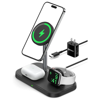 NEWDERY Wireless Charger 3 in 1 Magnetic Charger Stand, 15W Fast Charging Station with QC3.0 Adapter for iPhone 14/13/12 Pro Max/Mini/Plus, for Apple Watch Ultra/8/7/6/5/4/3/2/1 AirPods Pro 2/1