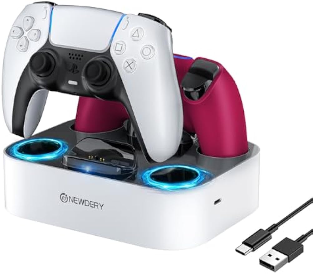 🎮NEWDERY PS5 Controller Charging Station, Fast Charging Dock with Cable, Dual Controller Charger Stand for Playstation 5 & DualSense Edge Controller