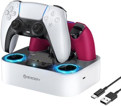 NEWDERY PS5 Controller Charger Station Compatible with Dualsense Edge Controller, Fast Charging Dock Stand with Cable, Dual Controller Charging Station for Playstation 5 & DualSense Edge Controller