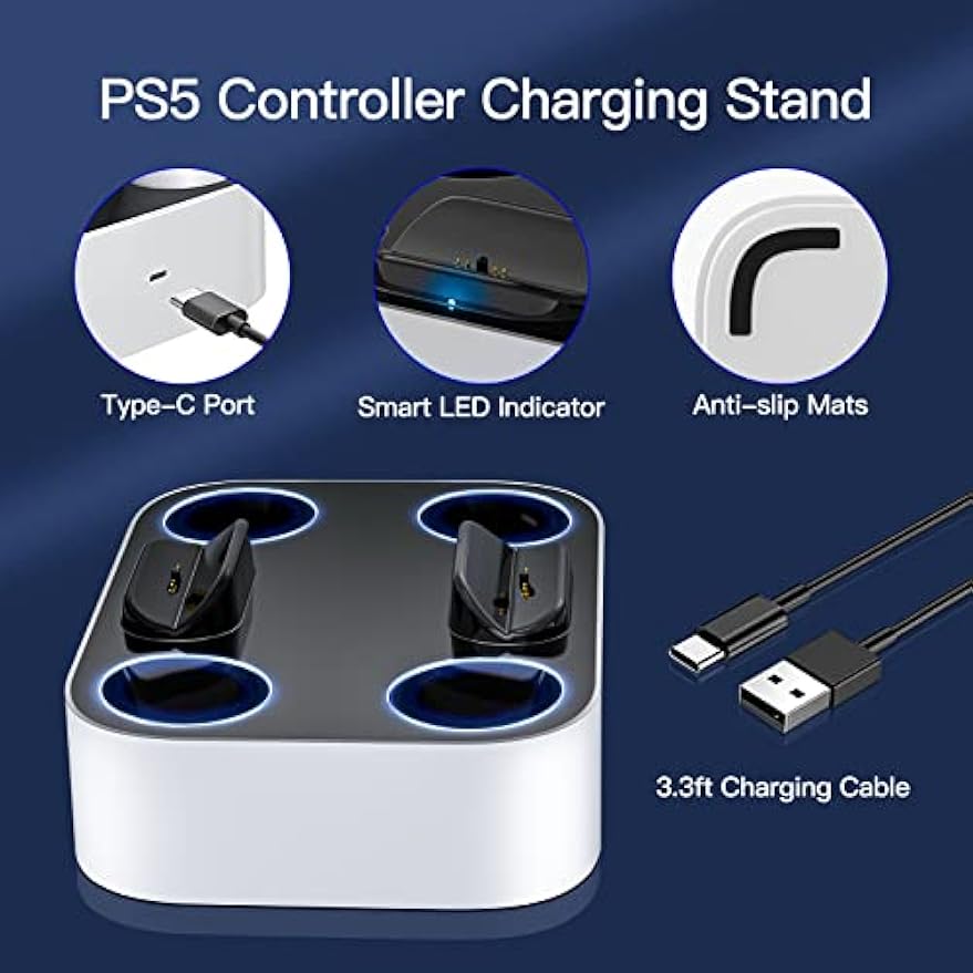 NEWDERY PS5 Controller Charger Station Compatible with Dualsense Edge Controller, Fast Charging Dock Stand with Cable, Dual Controller Charging Station for Playstation 5 & DualSense Edge Controller