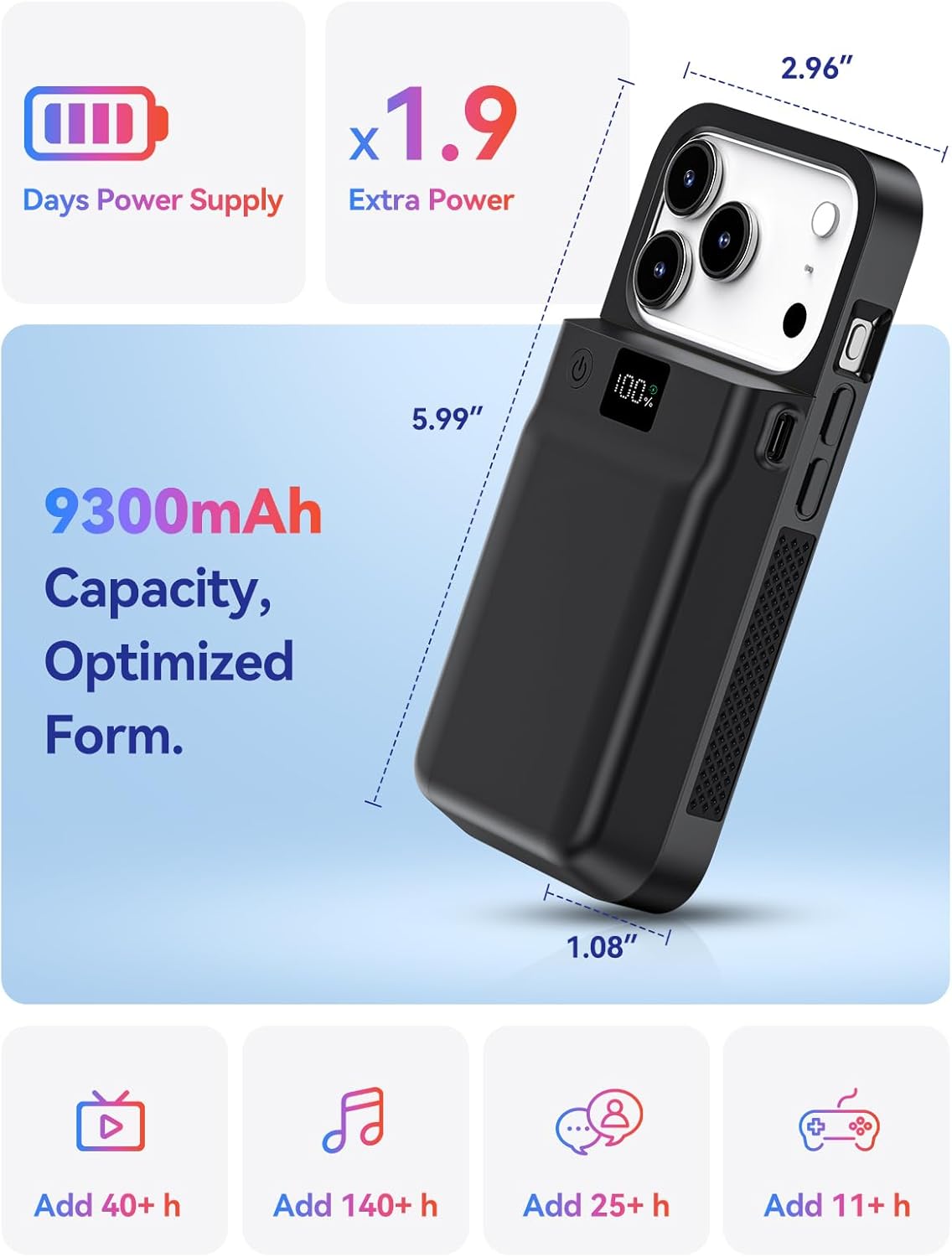 9300mAh Battery Case for iPhone 17/17 Pro with Wireless Charging & Data Sync, LED Display