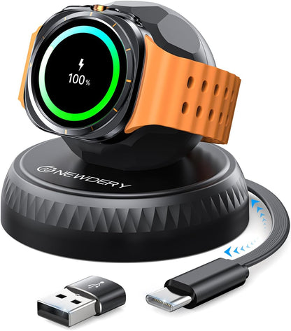 NEWDERY Retractable Wireless Charger Stand for Galaxy Watch 7,USB C Charging Cable with USB A Adapter,Magnetic Charging Station for Samsung Watch 6 Classic 5 Pro 4 3 Active 2 1