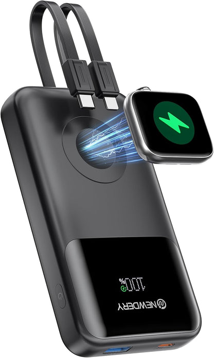NEWDERY Portable Charger for Apple Watch, 10000mAh Power Bank Built-in Cables, USB C PD 20W Fast Charging Travel Battery Pack for All iWatch, iPhones,