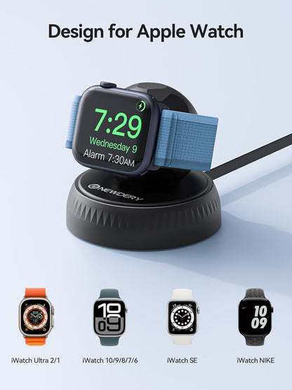 NEWDERY Retractable for Apple Watch Charger Stand, Portable Fast Wireless Magnetic Charging Station with USB C Cable for iWatch Ultra Series 10/SE/9/8/7/6/5/4/3/2/1, Black