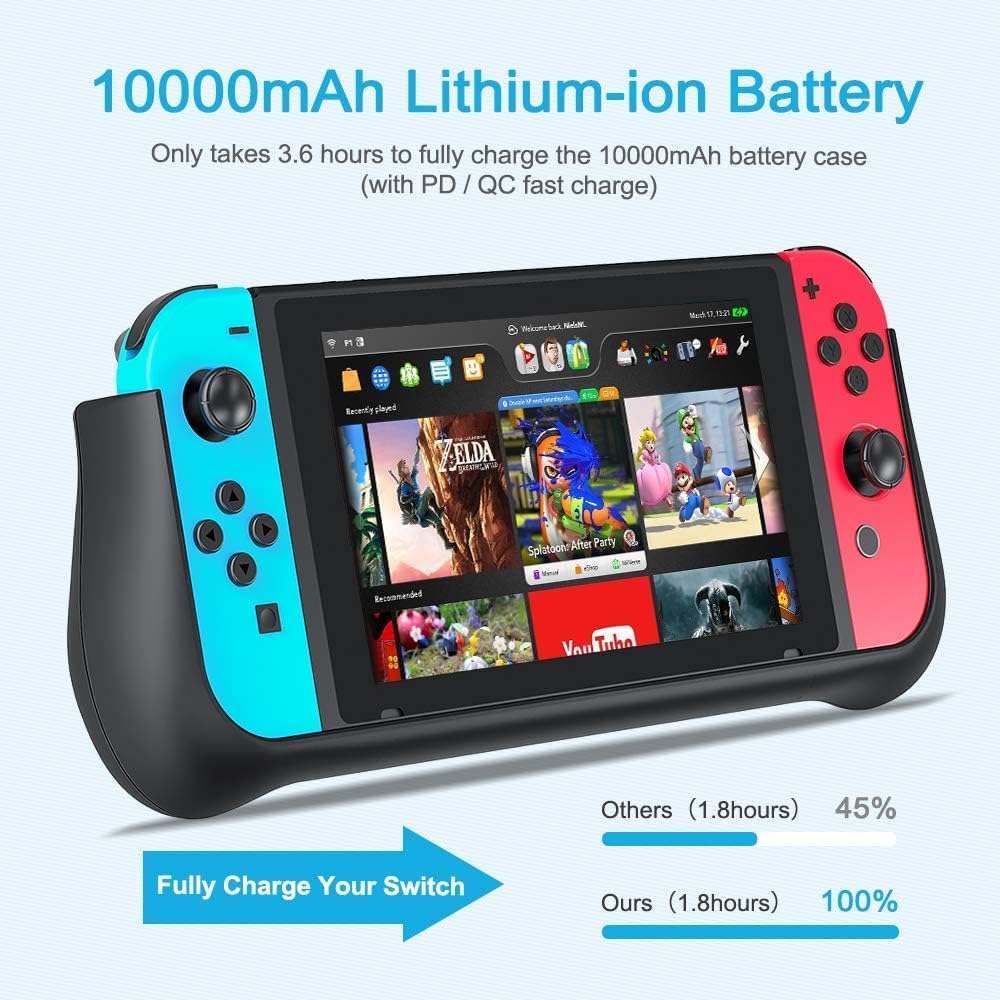 NEWDERY External Battery Station for Nintendo Switch (6.2" LCD Model), 10000mAh Backup Charger Case Support PD Quick Charging with 2 Extra Game Card Slots Adjustable Kickstand for Nintendo Switch