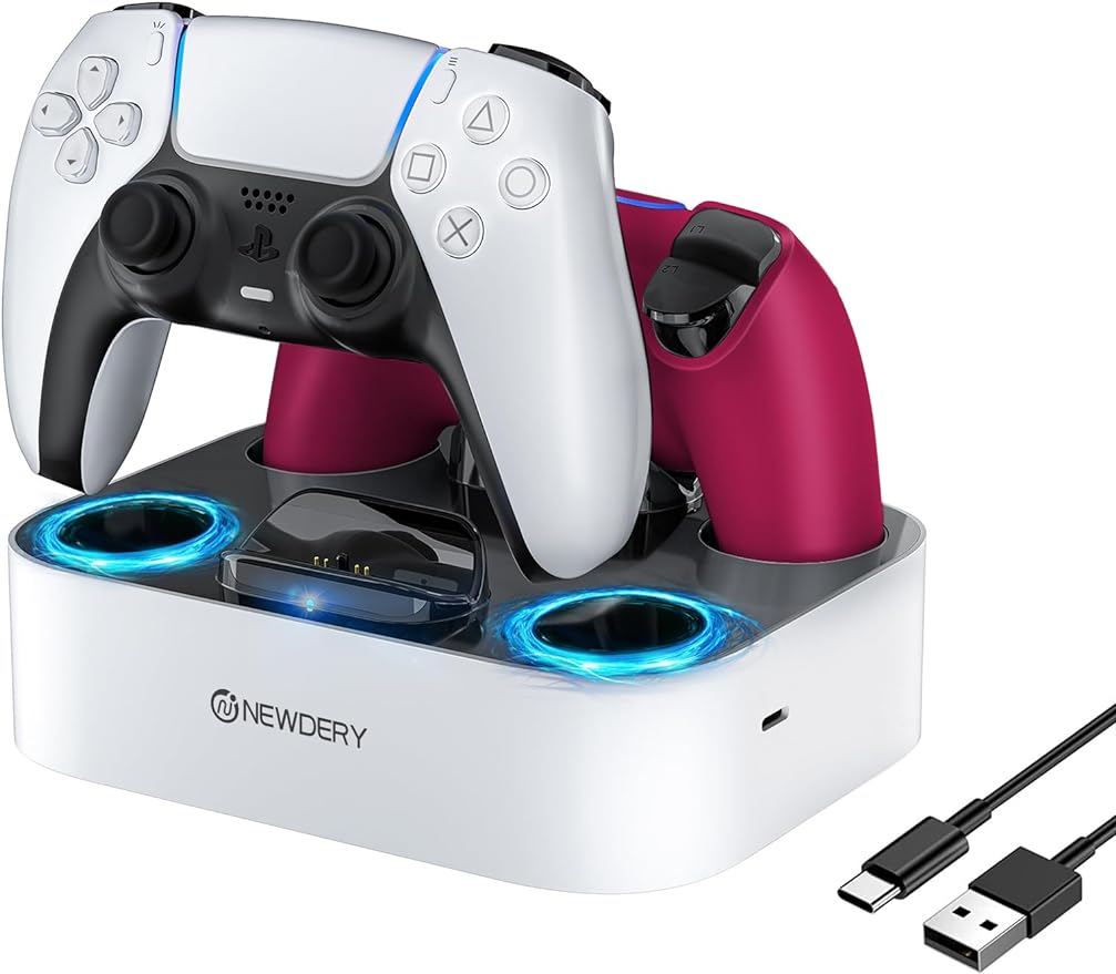 🎮NEWDERY PS5 Controller Charging Station, Fast Charging Dock with Cable, Dual Controller Charger Stand for Playstation 5 & DualSense Edge Controller