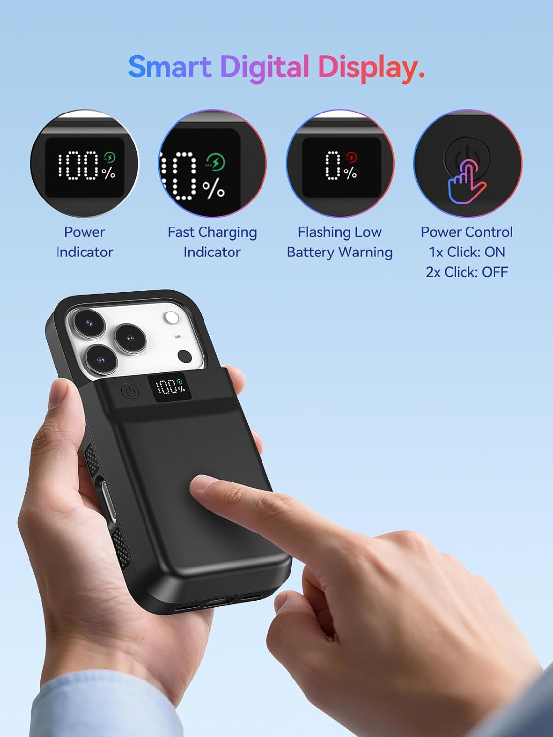 9300mAh Battery Case for iPhone 17/17 Pro with Wireless Charging & Data Sync, LED Display