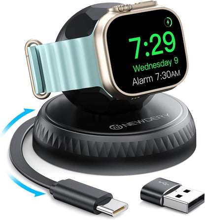 NEWDERY Retractable for Apple Watch Charger Stand, Portable Fast Wireless Magnetic Charging Station with USB C Cable for iWatch Ultra Series 10/SE/9/8/7/6/5/4/3/2/1, Black