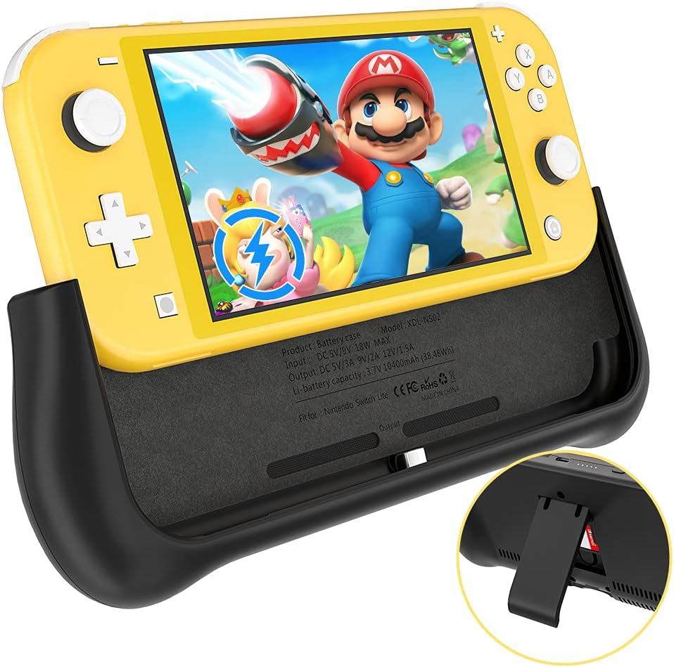 NEWDERY Battery Charger Case for Nintendo Switch Lite 5.5" , Support PD & QC 3.0 Fast Charging, Built-in 10400mAh Portable Backup Charger Station, Battery Charger Pack with Kickstand & Game Card Slot