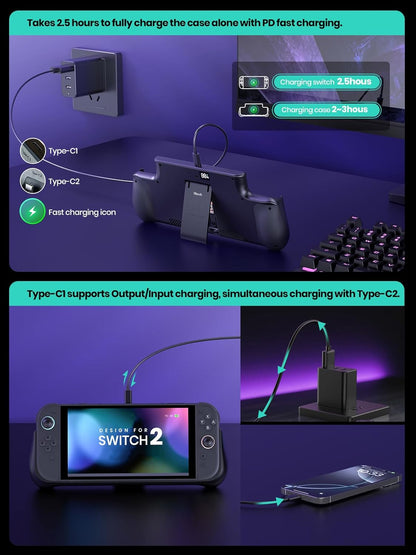 NEWDERY 10000mAh Battery Case for Nintendo Switch 2 – Fast Charging, LED Display, 2 Game Card Slots & Kickstand
