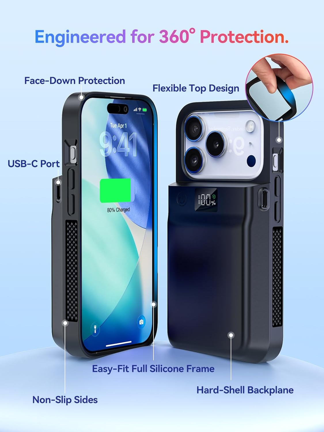 9300mAh Battery Case for iPhone 17/17 Pro with Wireless Charging & Data Sync, LED Display