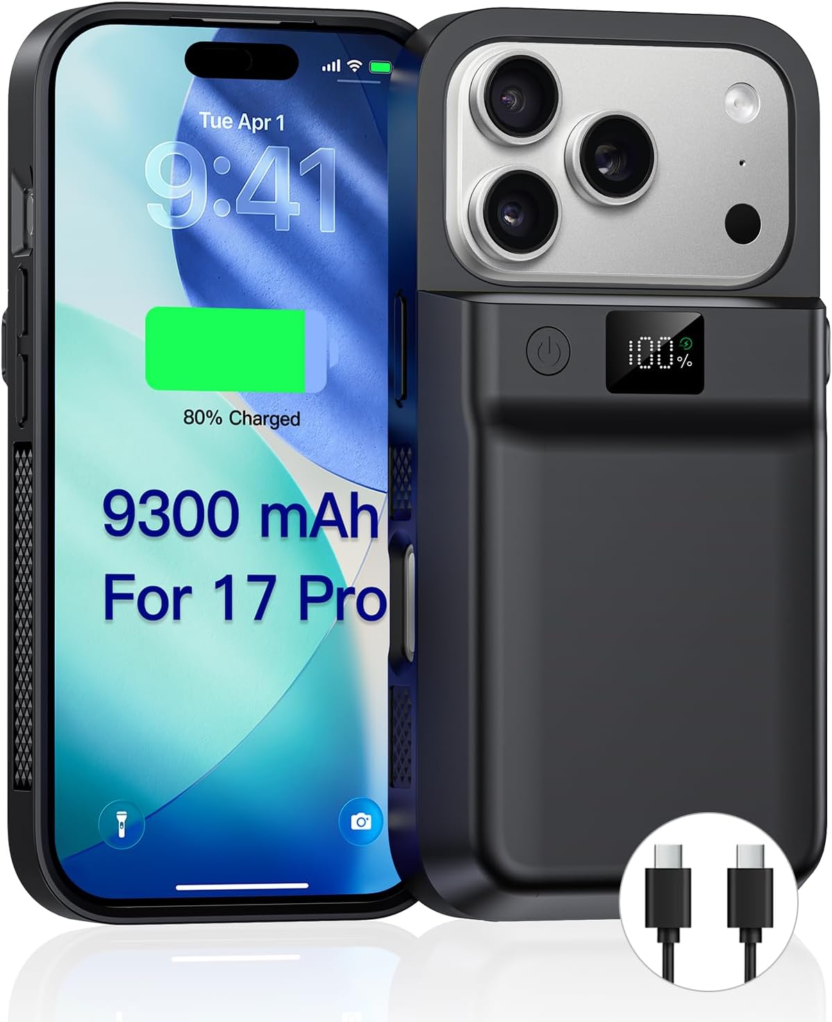 9300mAh Battery Case for iPhone 17/17 Pro with Wireless Charging & Data Sync, LED Display