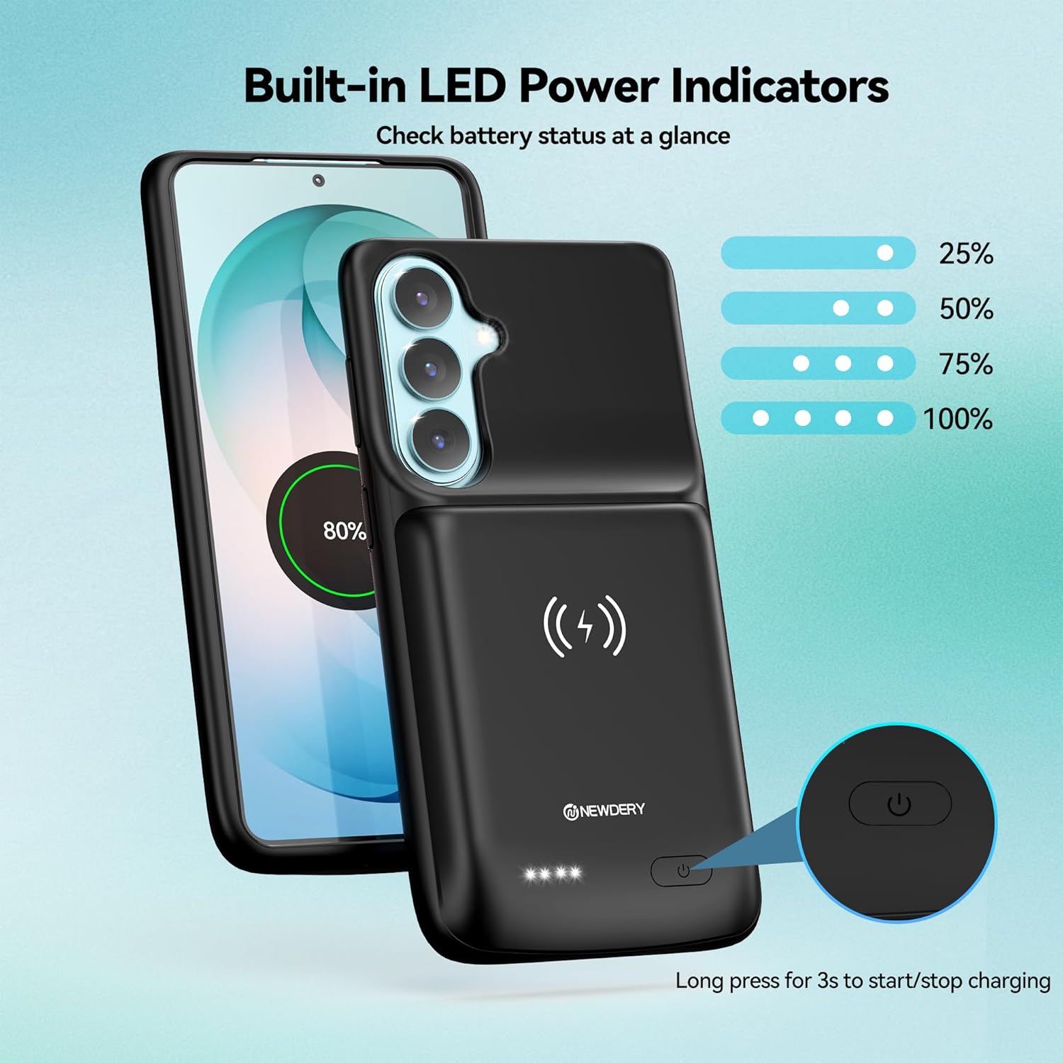NEWDERY Battery Case for Samsung Galaxy S26 / S26 Plus / S26 Ultra – 9500mAh, Wireless Charging, LED Display & Full Protection