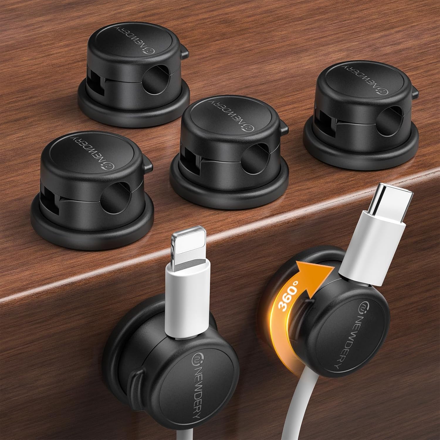 NEWDERY Magnetic Cable Clips 6 Pack, 360° Rotatable, 3M Adhesive Cord Organizer for Desk & Home