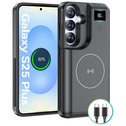 NEWDERY for Samsung Galaxy S25 Plus Battery Case 6.7", 10000mAh Portable Power Bank with LED Display, Qi Wireless Charger & 20W USB C Fast Charging, Sync-Data Supported Black