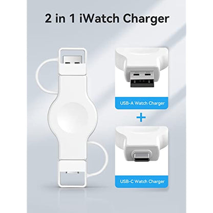 NEWDERY Portable Apple Watch Charger, Wireless Charger for iWatch with USB-A & USB-C Fast Charging Magnetic Cordless Travel Charger for Apple Watch Series 8 7 SE 6 5 4 3 2, White