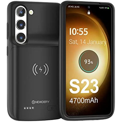 NEWDERY Galaxy S23 Battery Case, Qi Wireless Charging, Fast Charging, Sync Data Supported, 4700mAh Ultra Slim Portable Rechargeble Charger Case for Samsung S23 6.1"(2023 Newest) Black