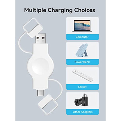 NEWDERY Portable Apple Watch Charger, Wireless Charger for iWatch with USB-A & USB-C Fast Charging Magnetic Cordless Travel Charger for Apple Watch Series 8 7 SE 6 5 4 3 2, White