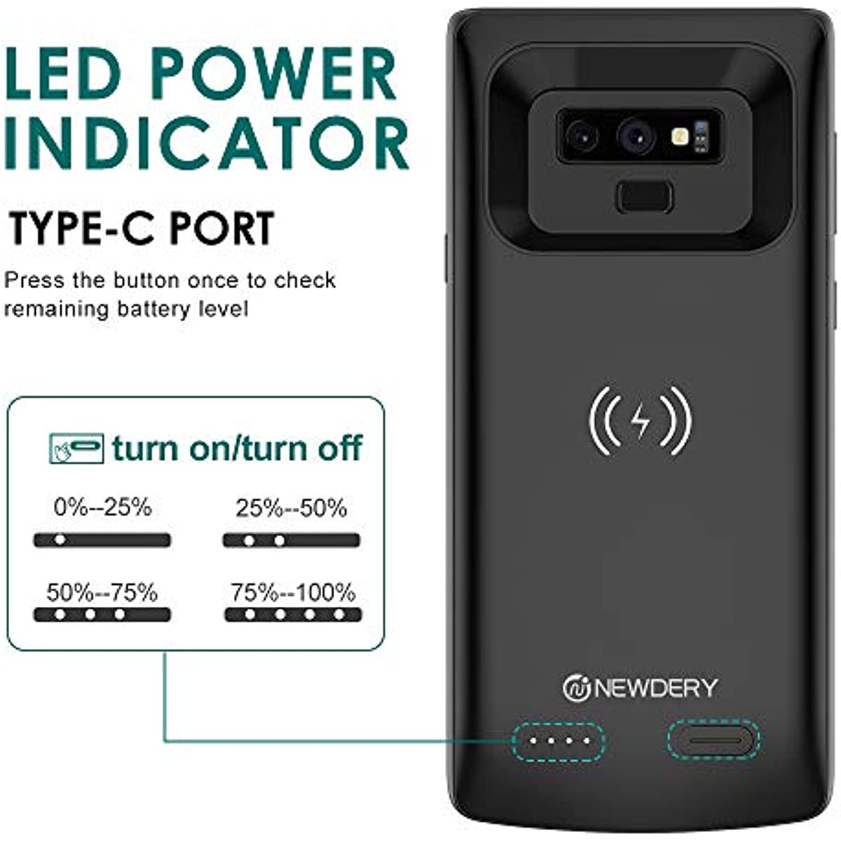 NEWDERY Upgraded Galaxy Note 9 Battery Case Qi Wireless Charging Compatible, 10000mAh Rechargeable Extended Charger Case (Raised Bezel - Air Cushion Technology) Compatible Samsung Note 9 (Black)