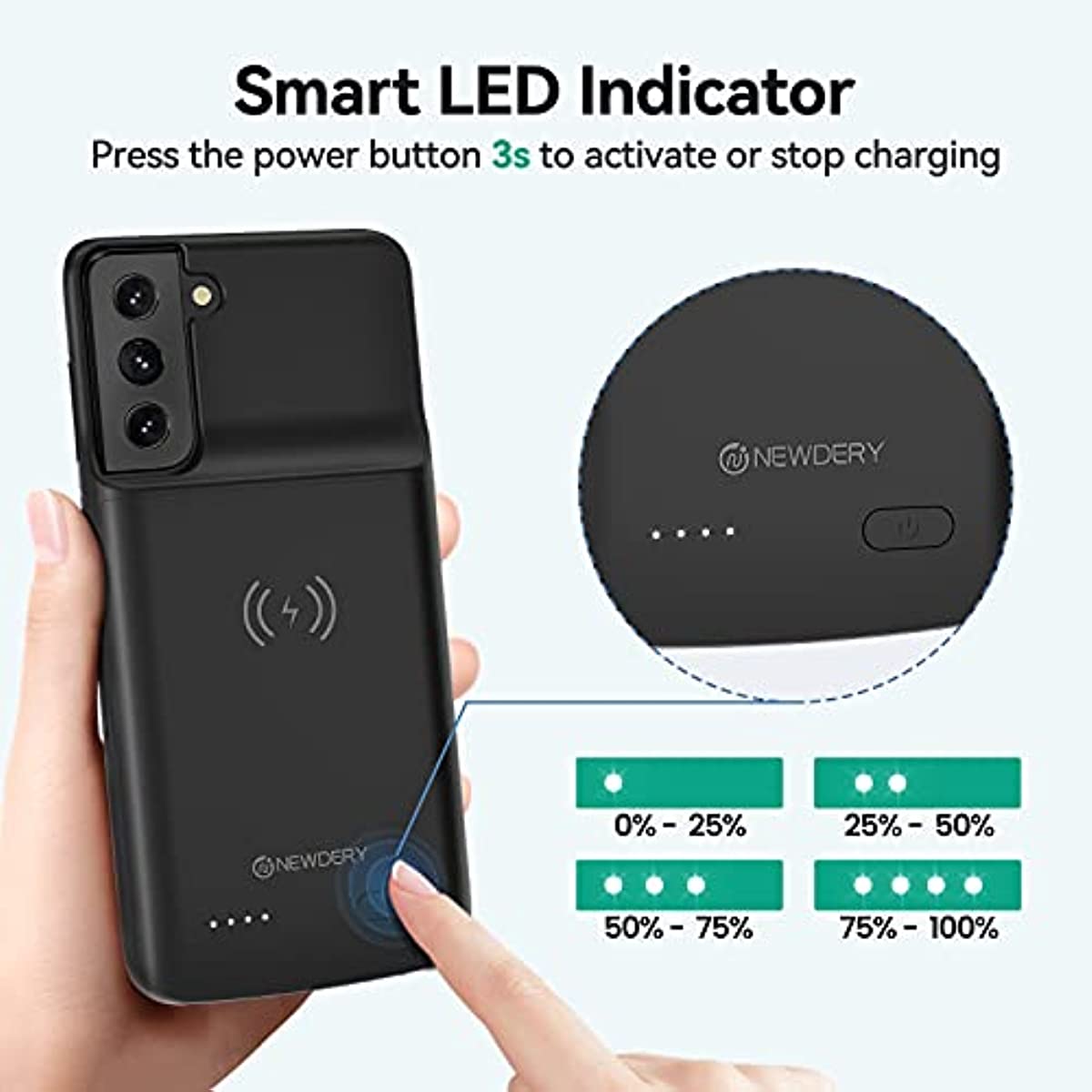 NEWDERY Galaxy S21 FE 5G Battery Case 8000mAh, Qi Wireless Charging & Data-Sync & Android Auto Supported, Portable Extended Power Charger Case for Samsung S21 FE-6.4"