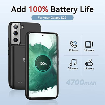 NEWDERY Galaxy S22 Battery Case 4700mAh, Qi Wireless Charging & Fast Charging & Transfer Data Supported, Extended Rechargeable Charger Case for Samsung S22 5G-6.1 inch (2022 Release) Black