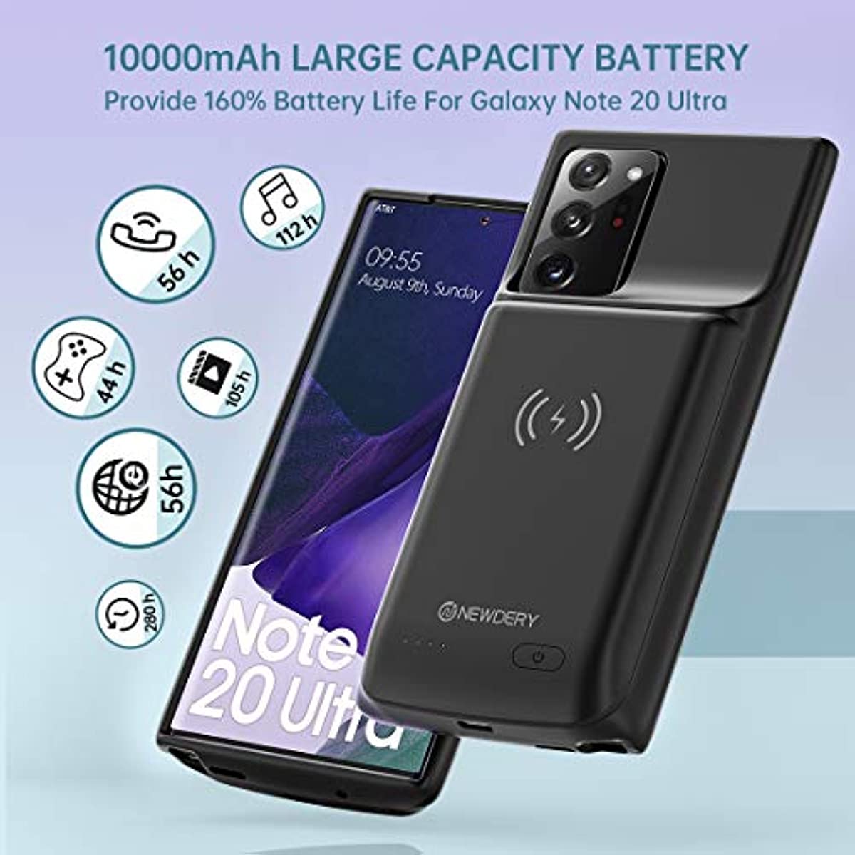 NEWDERY Samsung Galaxy Note 20 Ultra Battery Case 10000mAh, Fast Charging & Qi Wireless & Android Auto Supported, Extended Backup Charger Case for Galaxy Note 20 Ultra 5G (6.9") Black