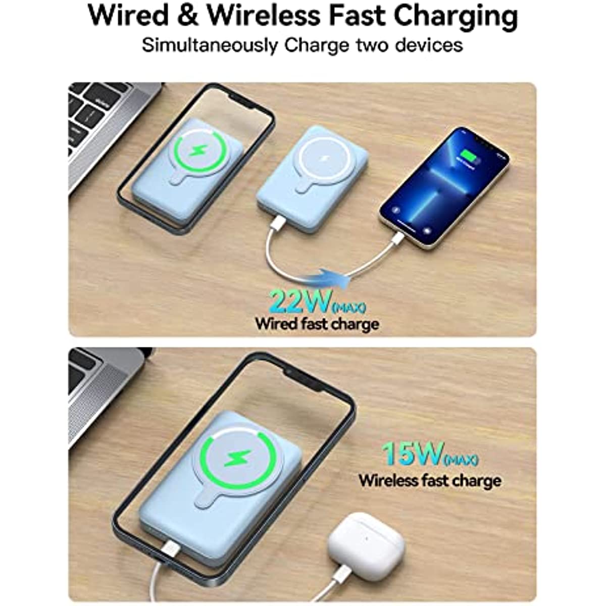 NEWDERY Wireless Power Bank, 10000mAh Magnetic Portable Charger with Foldable Stand 22W USB C, 15W Fast Charging External Battery Pack for iPhone 15 Pro Max/15 Plus/15 Pro/15, iPhone 14/13/12 Series